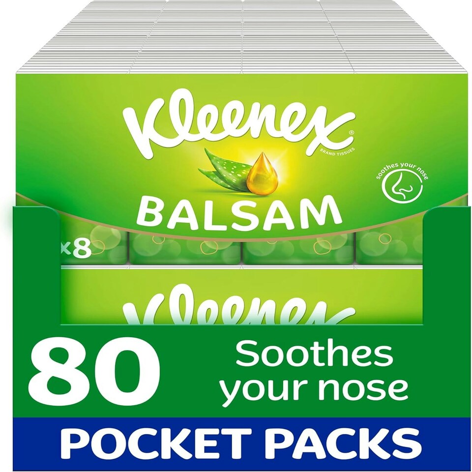Kleenex¨ Balsam Pocket Tissues - 80 Pocket Packs of Travel Tissues - Balmcare to Protect and Soothe Your Nose for Cold & Flu