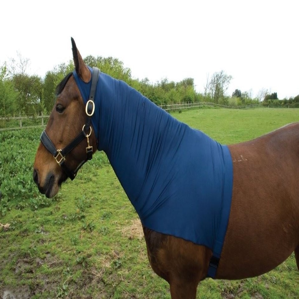 image 1 of Rhinegold Satin Lycra Stretch Neck Cover Blue | Size: Cob
Colour: Navy Blue
