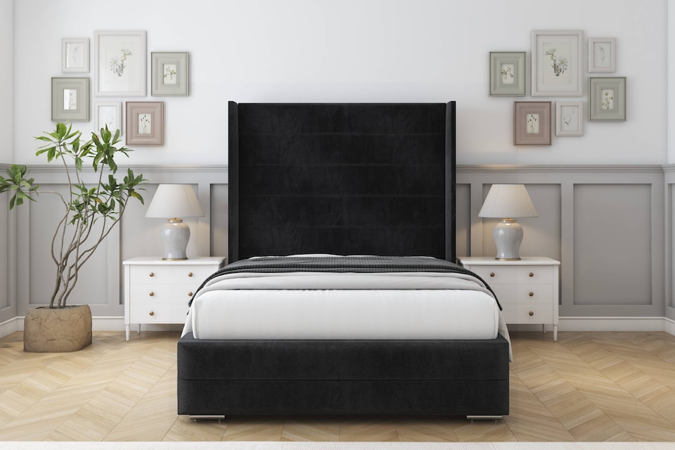 image 1 of Sloomy Sterling Black Naples Bed Frame With Mattress With 50"  Upholstered Wingback Headboard 6' Super King