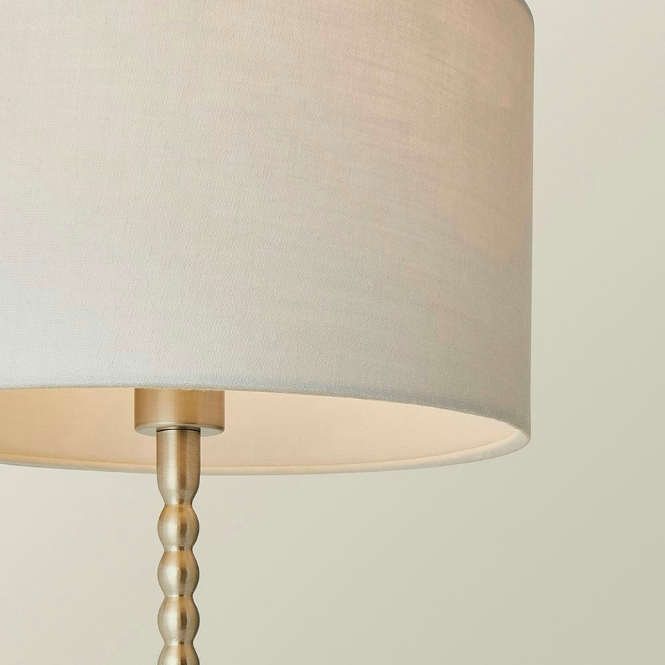 image 1 of ValueLights Maeve Grey Fabric Drum Lamp Shade Brushed Chrome Bobbin Bobble Table Lamp Silver