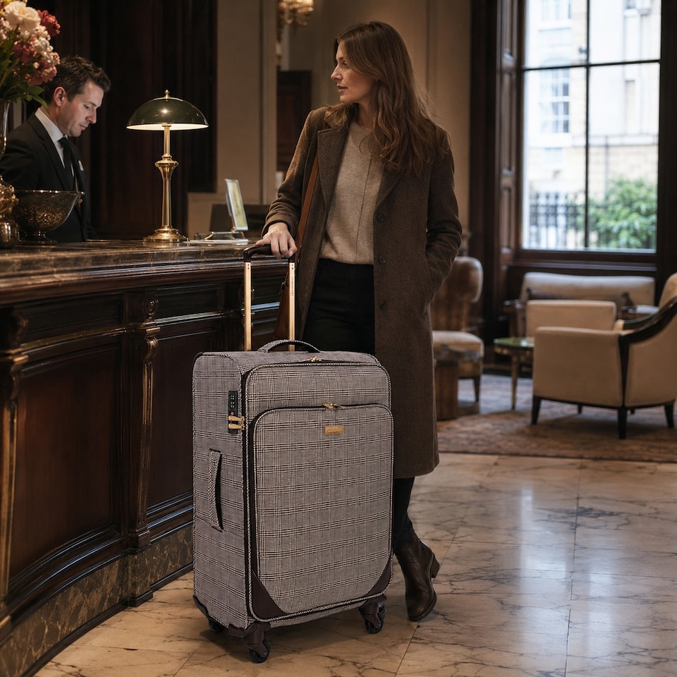 image 1 of London Fog Camberley Large Soft Shell Suitcase, 4 Wheel Checked Luggage, Brown