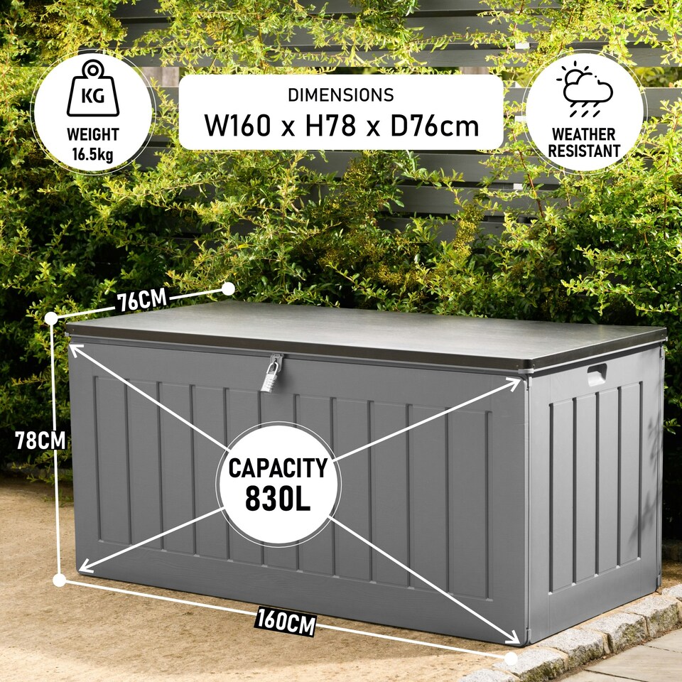 image 1 of Olsen & Smith 830L Extra Large Garden Storage Box - Weather Resistant Heavy Duty Wood Effect with Padlock Massive Capacity Storage Chest for Tools Toys & More Grey | Grey