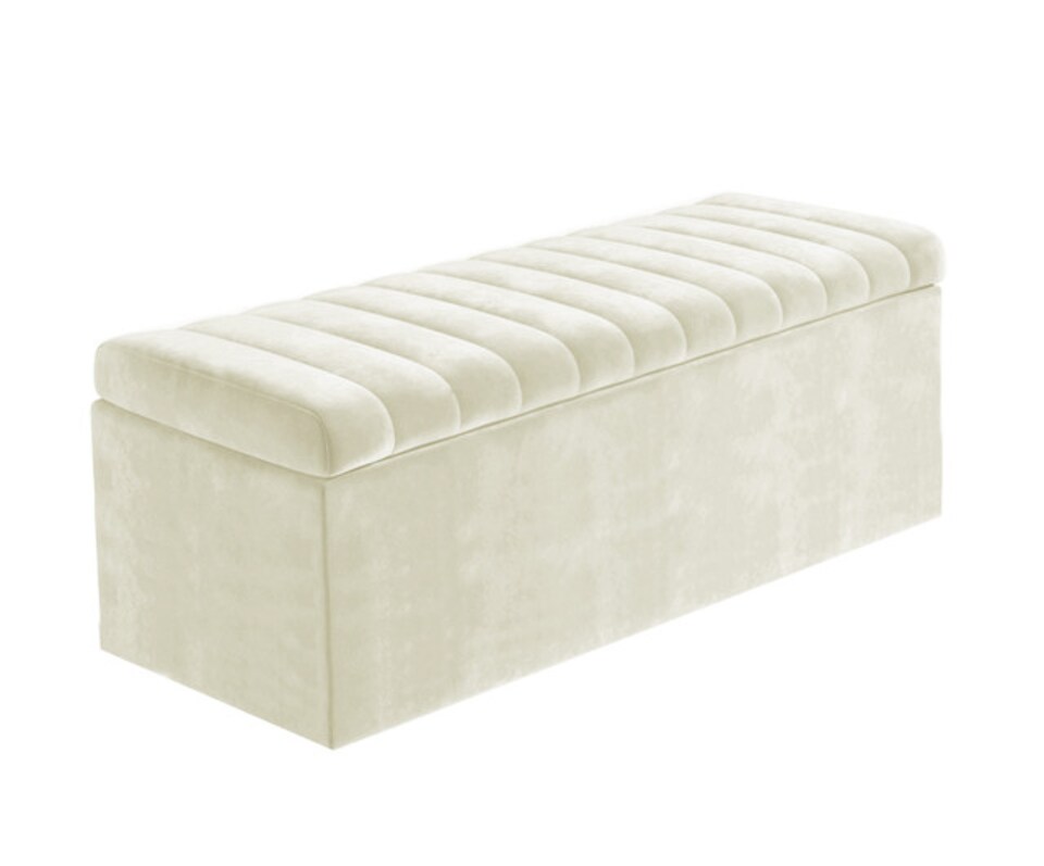 image 1 of 90cm Safar Large Striped Storage Ottoman Box, Cream Plush Velvet Upholstered Deep Storage Ottoman End of Bed Bench