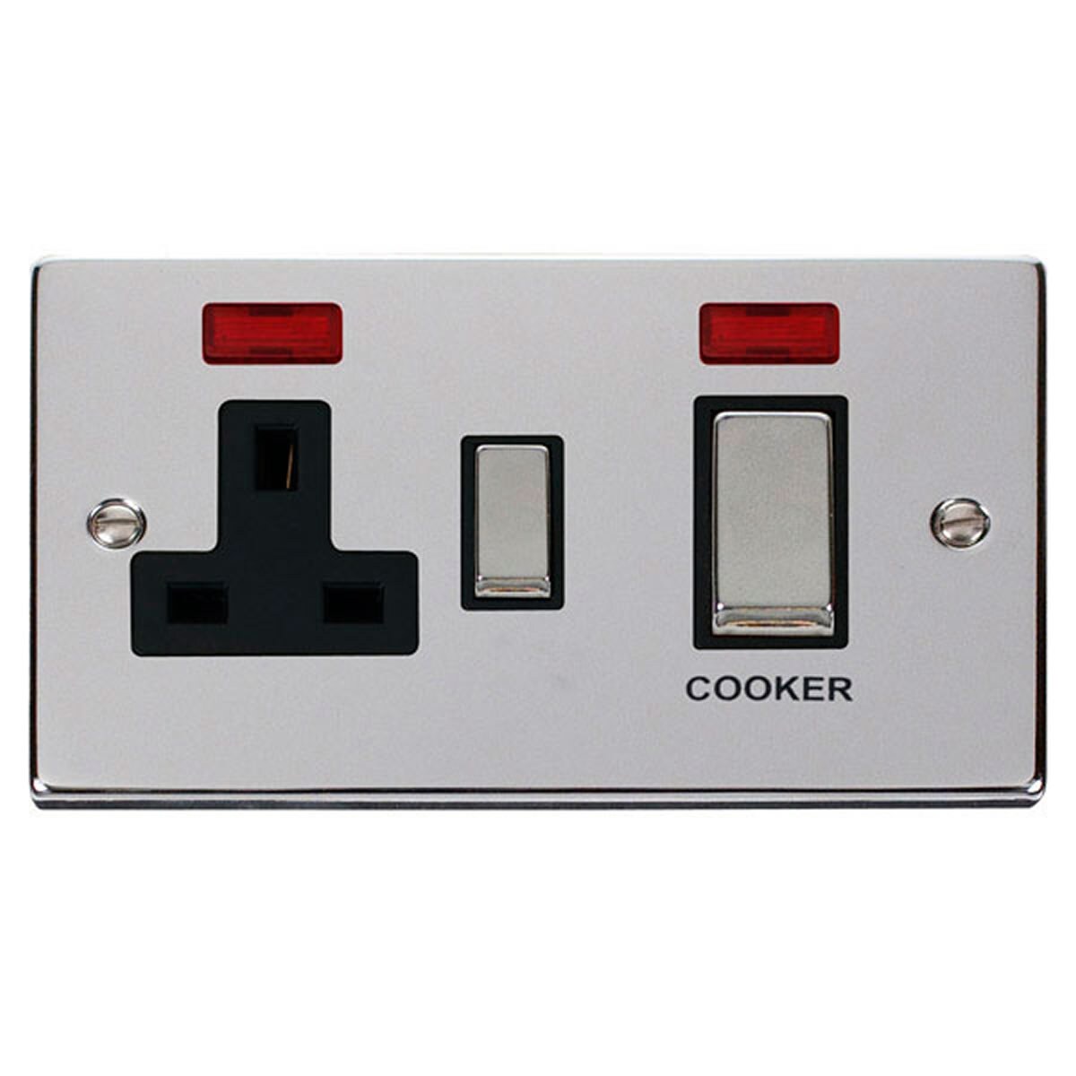 SE HOME Polished Chrome Cooker Control Ingot 45A With 13A Switched Plug Socket & 2 Neons Chrome Polished Chrome
