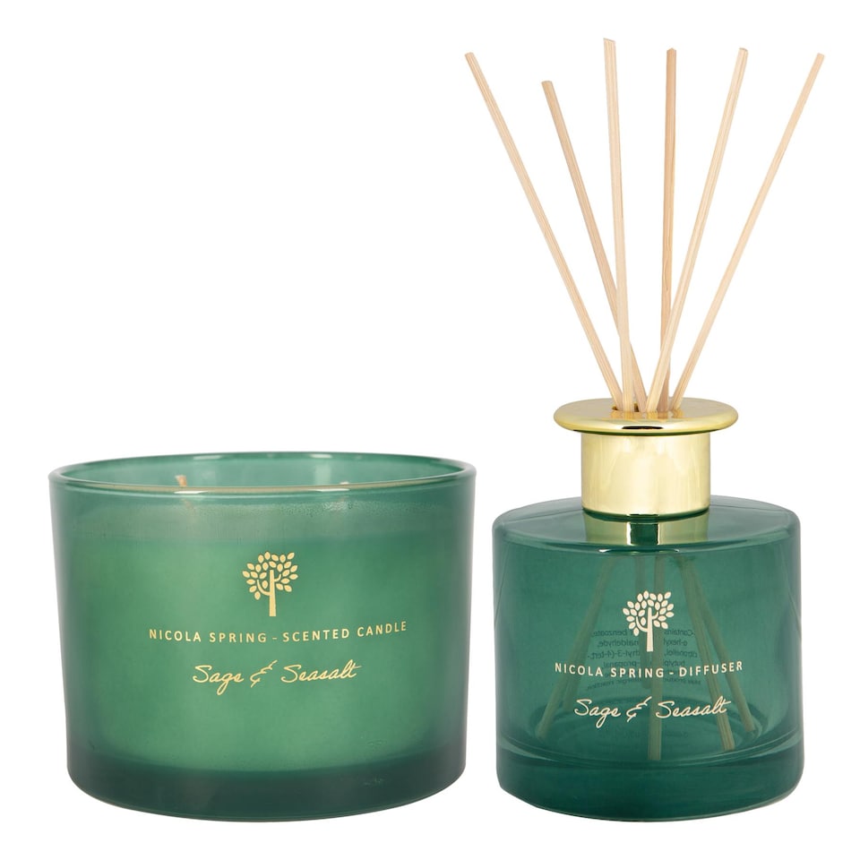 image 1 of Nicola Spring Scented Candle & Reed Diffuser Set - 350g - Sage & Seasalt | Green | Green