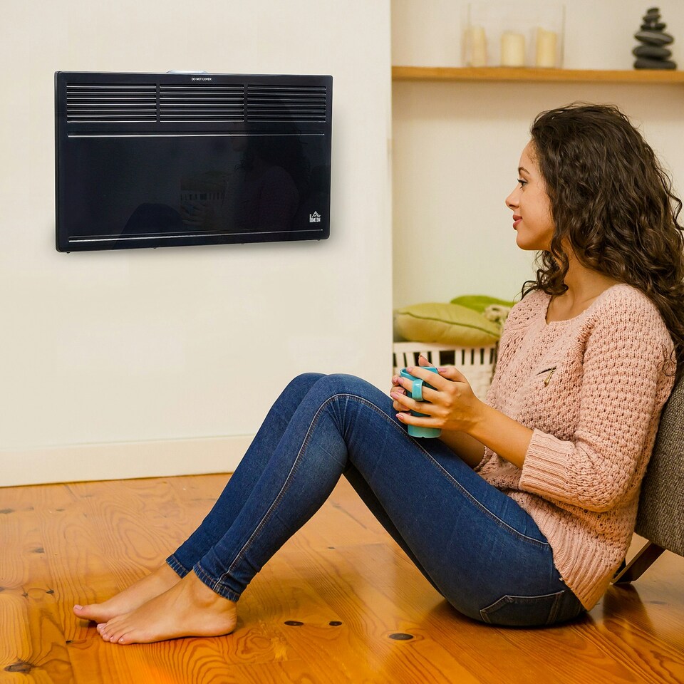 image 1 of HOMCOM Convector Radiator Heater w/ Adjustable Thermostat Safety Cut-Off, Black
