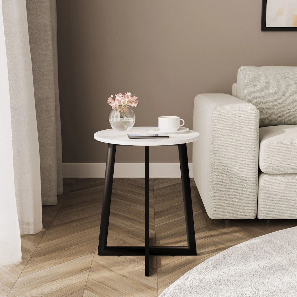 image 1 of Round MDF Coffee Side End Table with Steel Frame Legs Marble Look Living Room | White | White Marble | 1