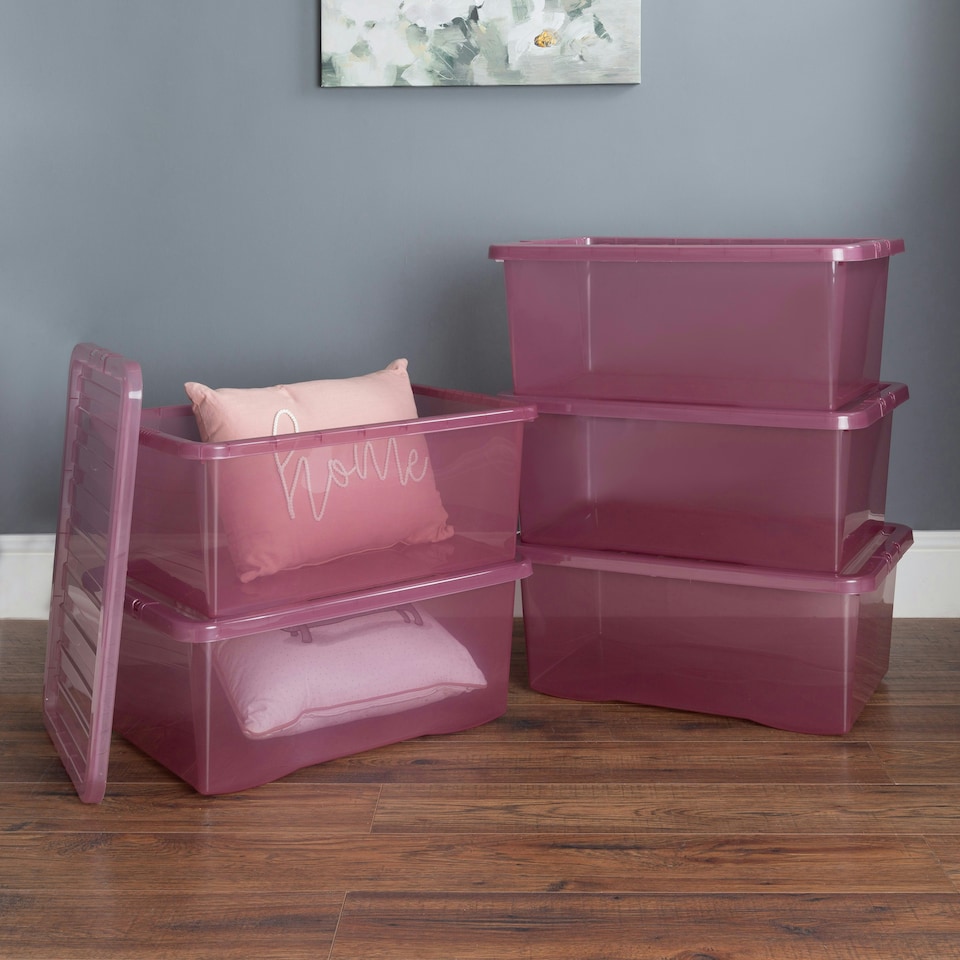 image 1 of Wham Crystal 5 x 45L Stackable Plastic Storage Boxes with Lids Pink