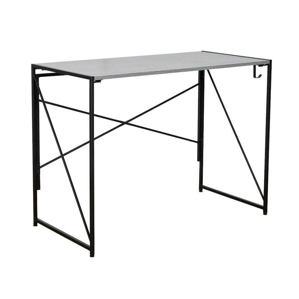 image 1 of Folding Compact Desk Storage Hook Wood Metal Office Computer Table Workstation Grey