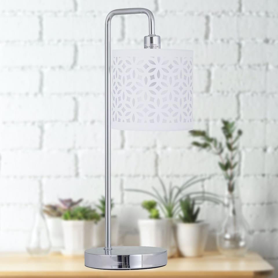 image 1 of Set of 2 Chrome Arched Table Lamps with White Laser Cut Shades | Chrome | White | Large | 2