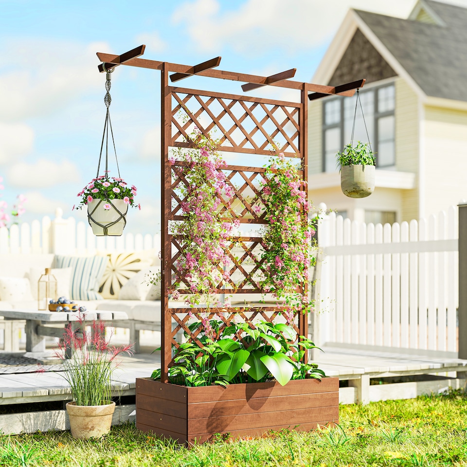 image 1 of Outsunny Wooden Trellis Planter, Raised Garden Bed for Climbing Plants, Natural