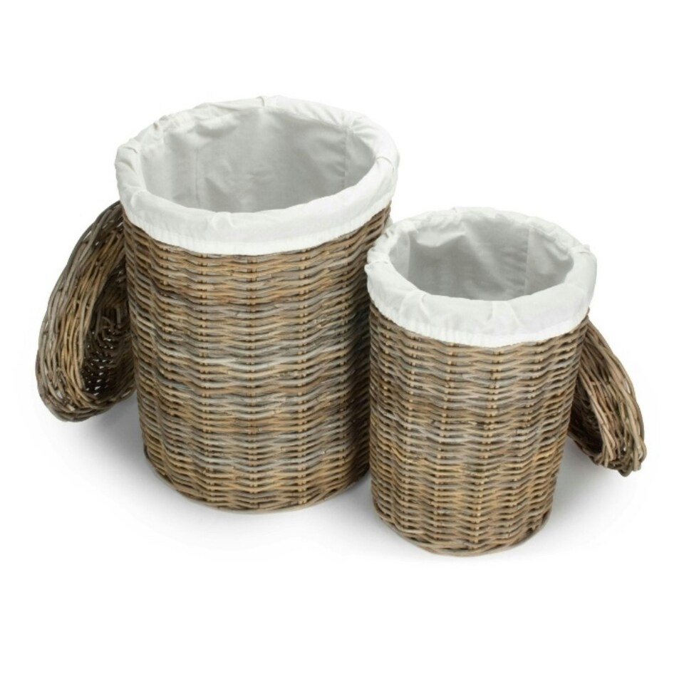 image 1 of Set of 2 Round Rattan Laundry Basket with White Lining White | White