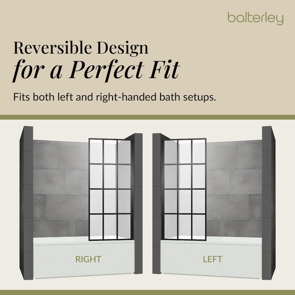 image 1 of Balterley Framed Grid Hinged Reversible Shower Bath Screen Toughened Safety Glass