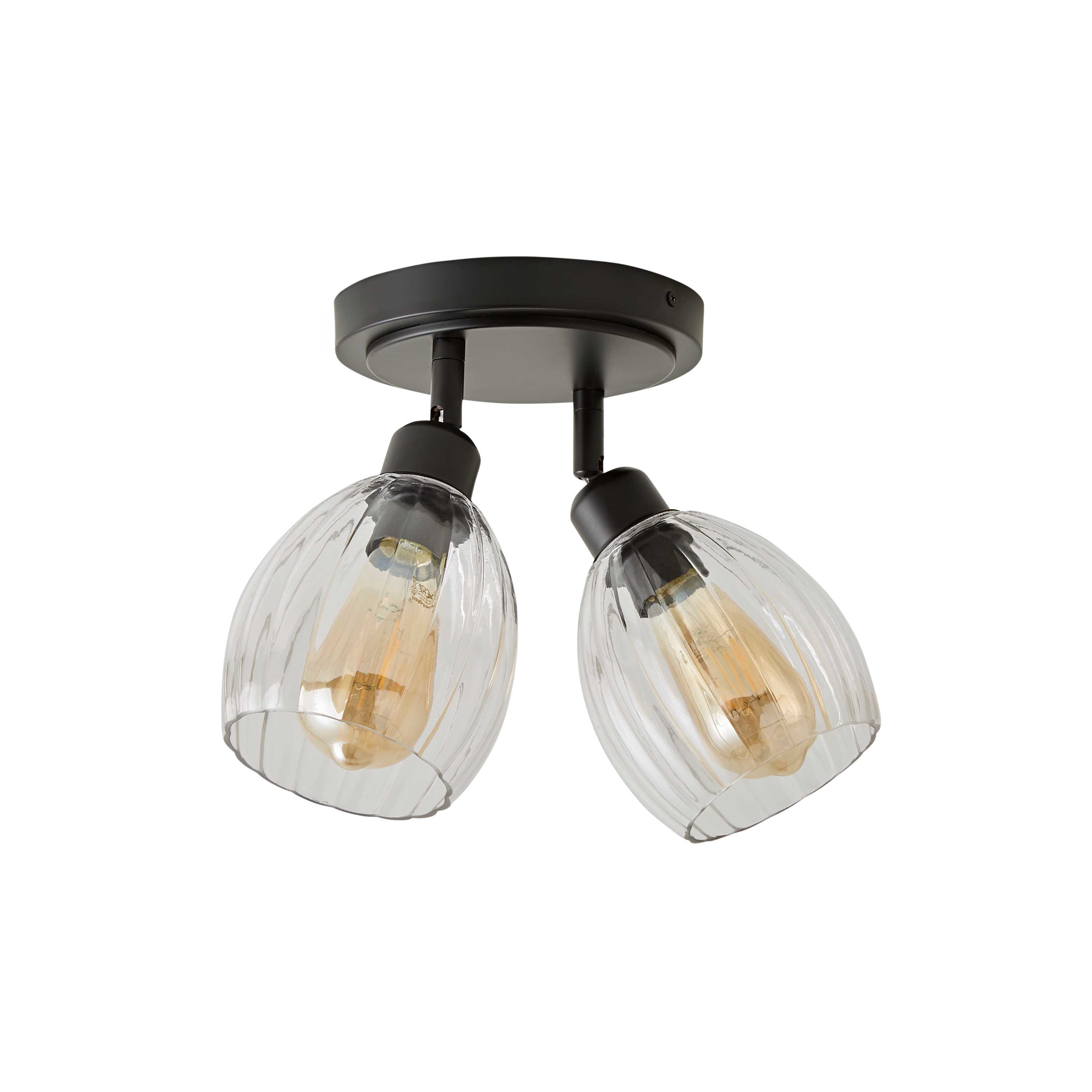 ValueLights Cheltenham 2 Way Ribbed Glass Adjustable Spotlight Flush Ceiling Light in Black