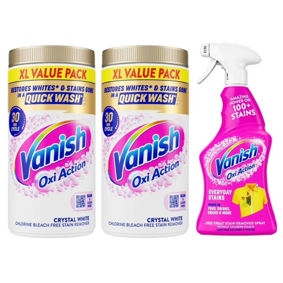 image 1 of Vanish Gold Oxi Action Stain Remover 2 x 1.9kg (total 3.8 kg), Whitening Booster Powder & Vanish 500 ml Colour Spray Bundle for tough stains