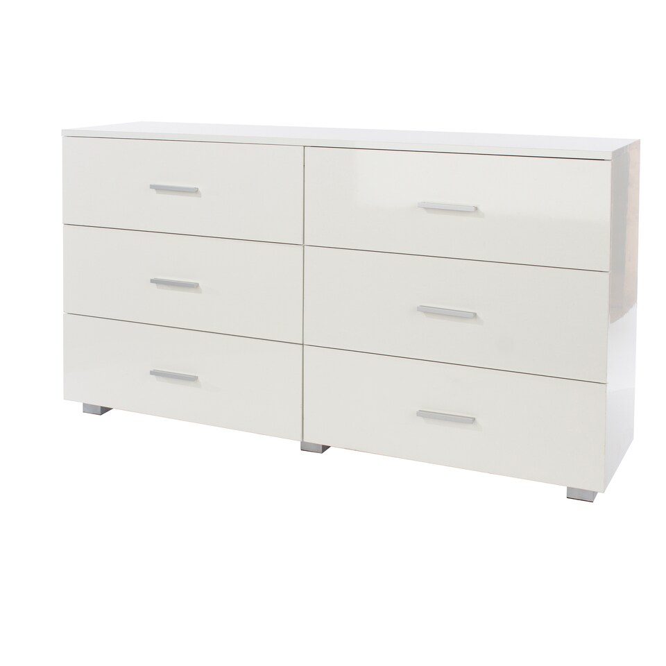 image 1 of Lido 3+3 Drawer White Gloss Wide Chest of Drawers - White High Gloss Bedroom Storage with Matte Silver Handles | White | White | 1