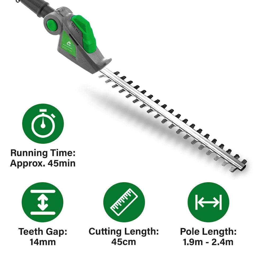 image 1 of Gracious Gardens 18V 2.4m Cordless Telescopic Long Reach Hedge Trimmer 1 Battery | Green | Green | 1