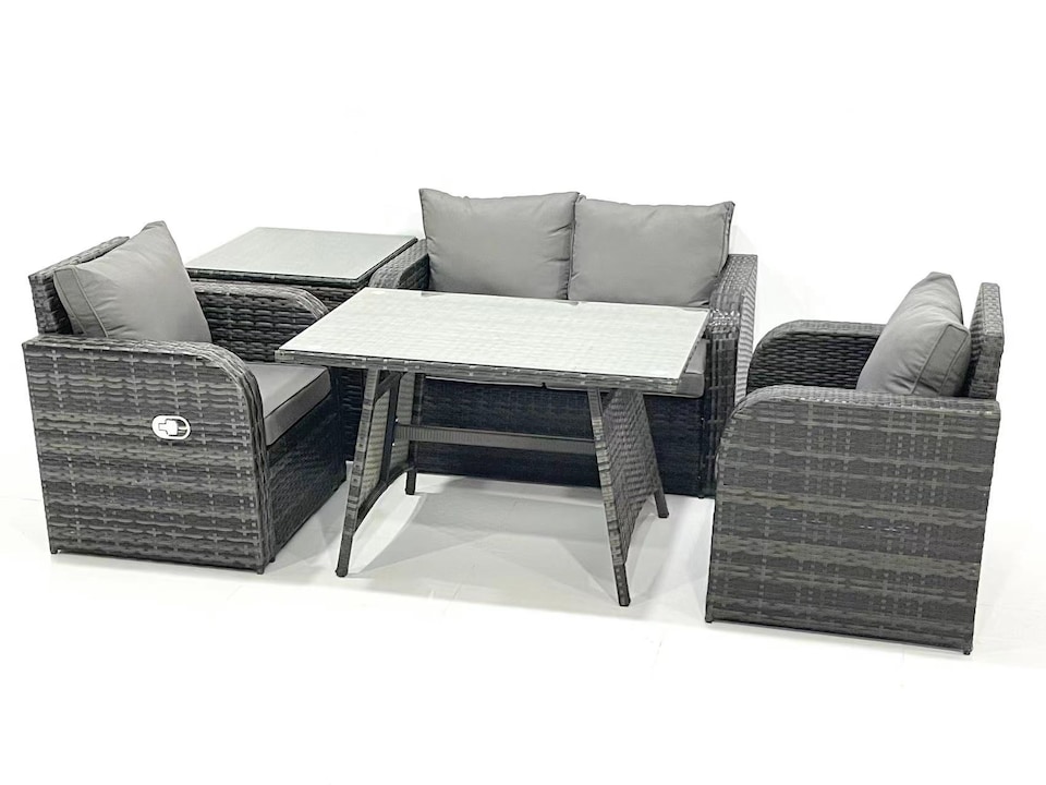 image 1 of Fimous Outdoor Garden Furniture Set Rattan Sofa Dining Table Set with Reclining Chair Side Table Dark Grey Mixed