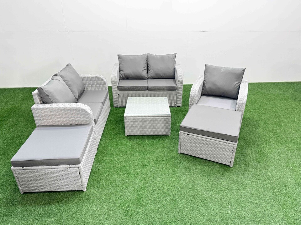image 1 of Fimous High Back Poly Rattan Garden Furniture Set with Reclining Chair Loveseat Sofa Square Coffee Table Indoor Outdoor Patio Set 2 Big Stool Light Grey