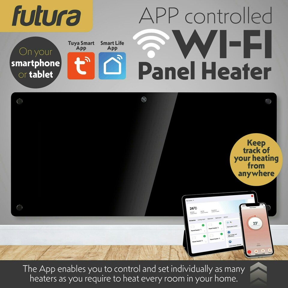image 1 of Futura 2000W Smart Wifi Heater Electric Panel Wall Mounted Black Glass Radiator