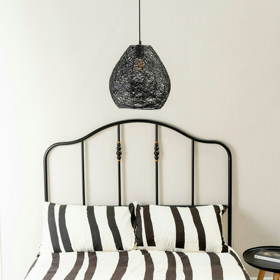 image 1 of ValueLights Hopper Large Easy Fit Rattan Lampshade Black Paper Rope Ceiling Shade - Bulb Included