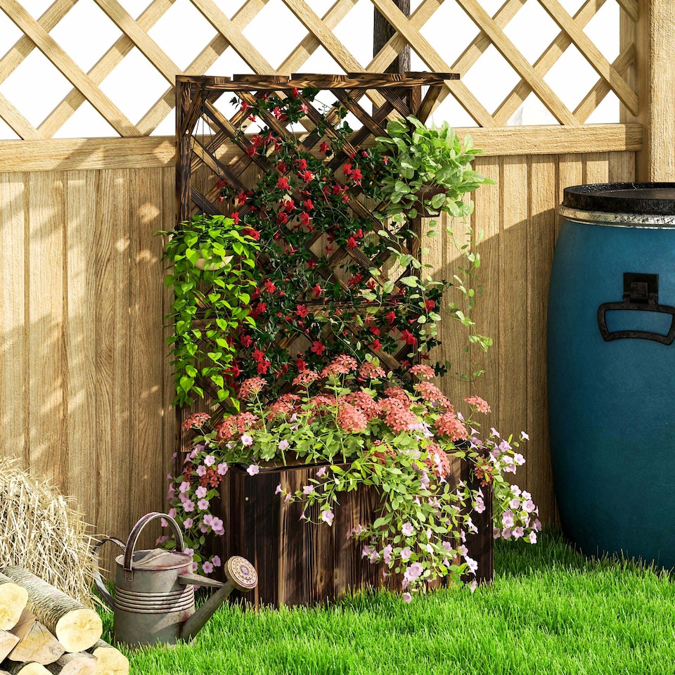 image 1 of Outsunny Wooden Planter with Trellis and Drainage Holes | Brown | Carbonised finish