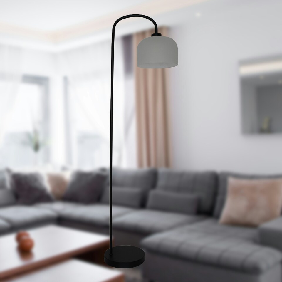 image 1 of Francine - Black Arched Floor Lamp with Frosted Glass Shade Black | White