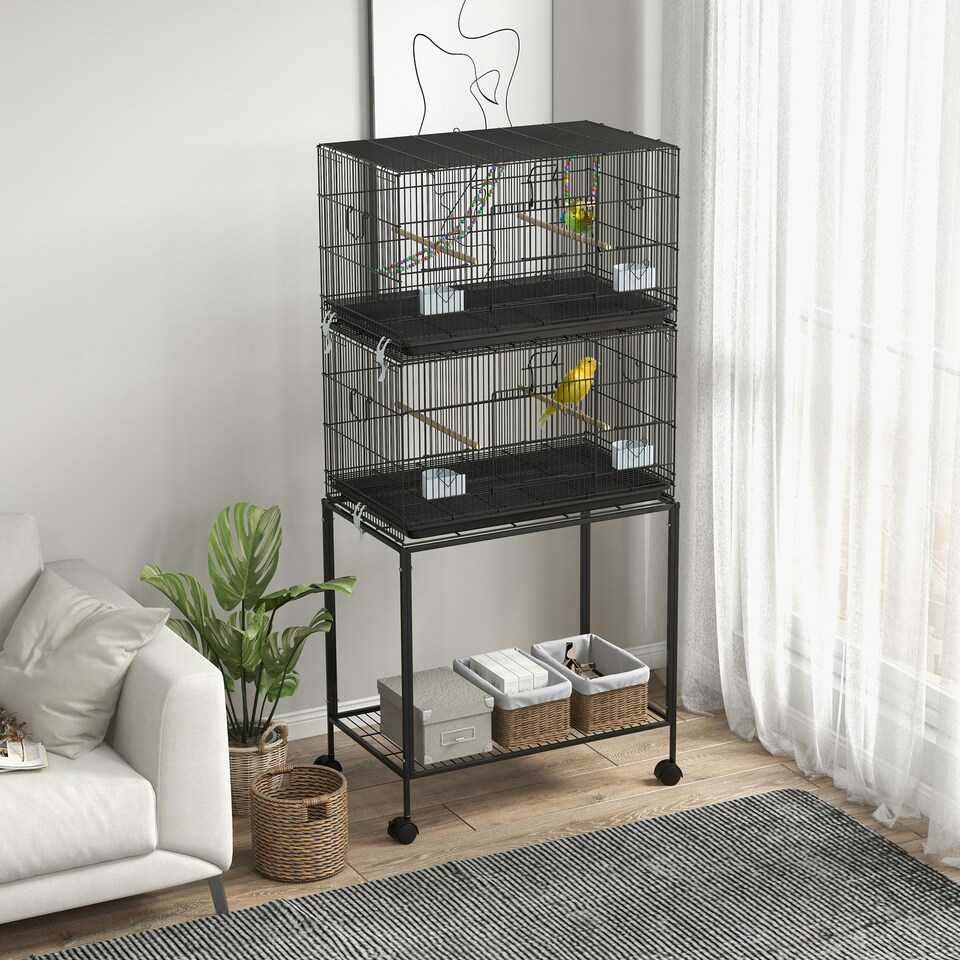 image 1 of PawHut Two-Tier Bird Cage on Wheels w/ Stand, for Canaries
