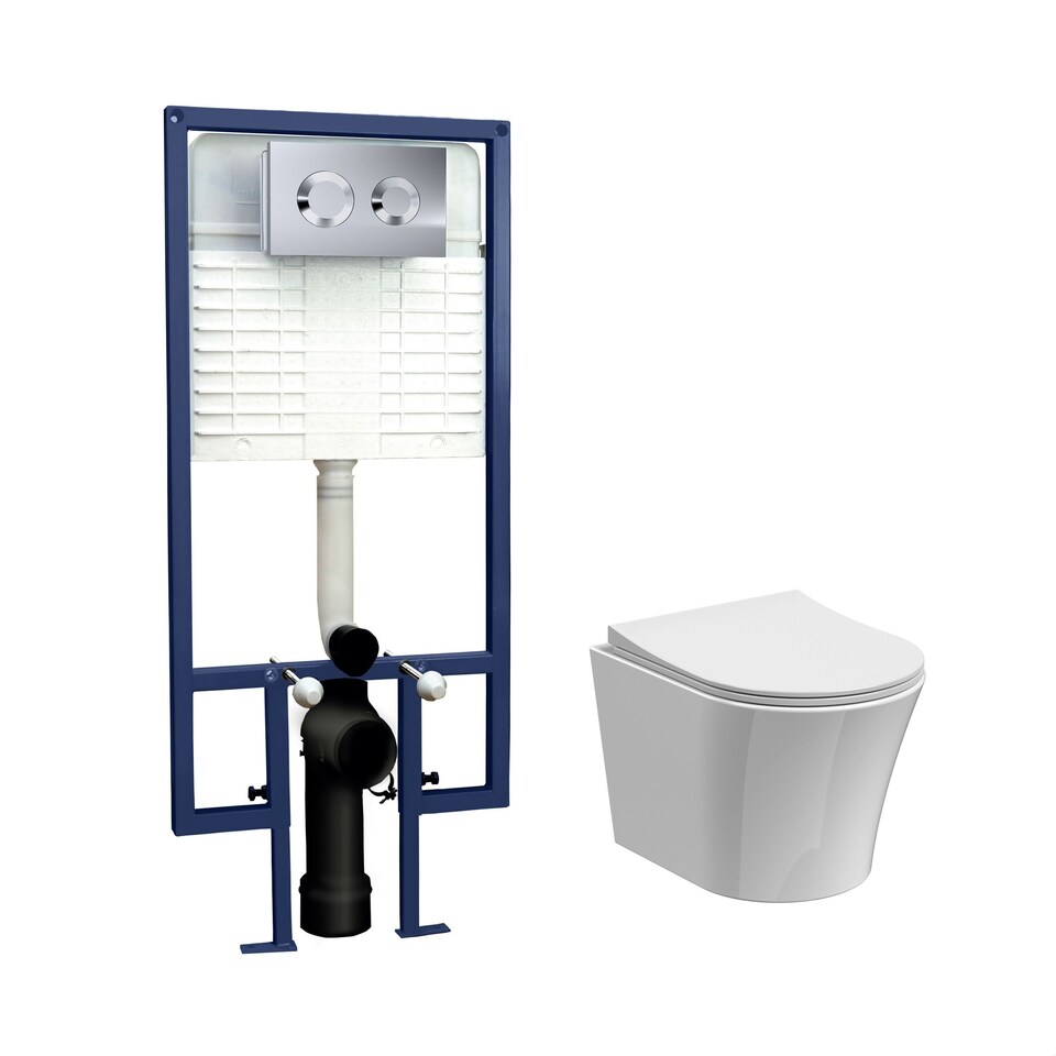 image 1 of Balterley Baswich Contemporary Round Wall Hung Toilet Pan and Seat with Concealed Cistern and Flush Plate with Round Buttons - White/Chrome