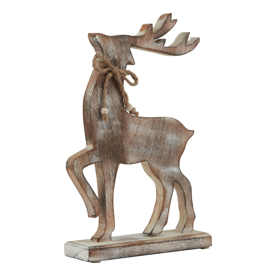 image 1 of Hill Interiors White Wash Collection Wooden Reindeer Decoration - Brown/White - One Size