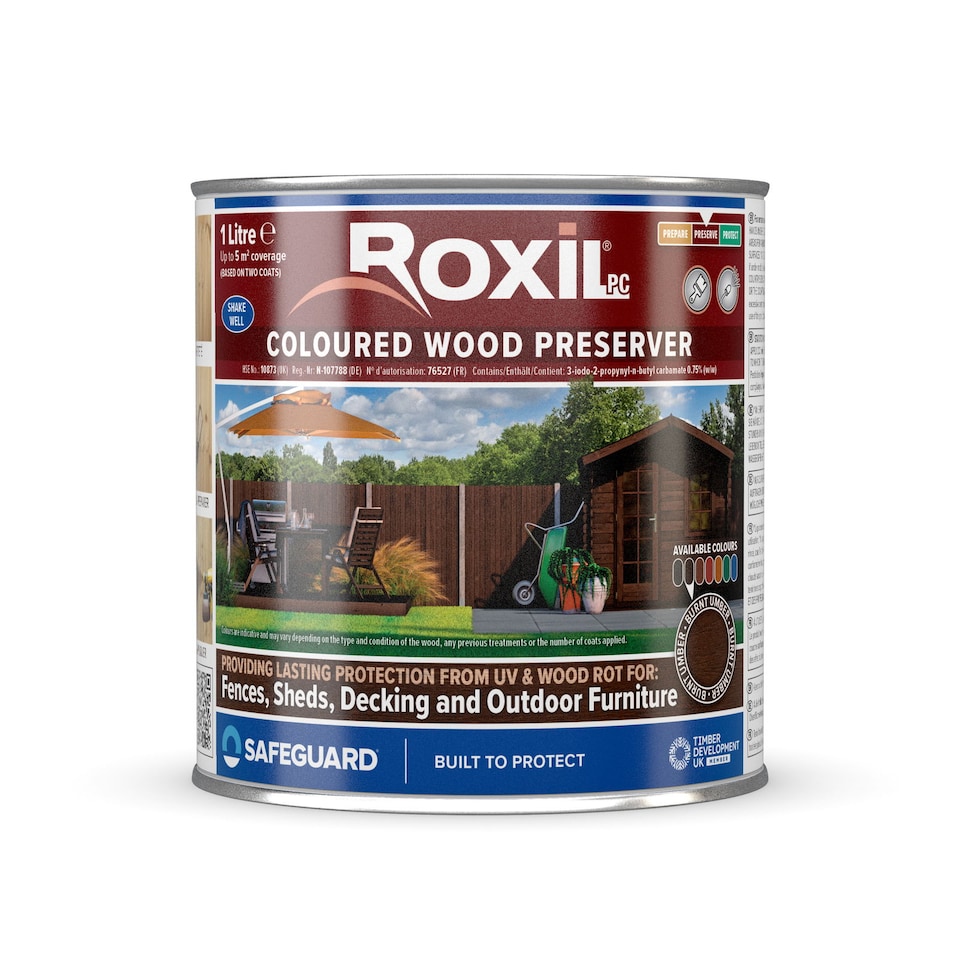 image 1 of Roxil Wood Stain Preserver (1L Burnt Umber) - 5 Year Protection for Indoor & Outdoor Decking, Fence, Shed, Furniture.5 m Coverage