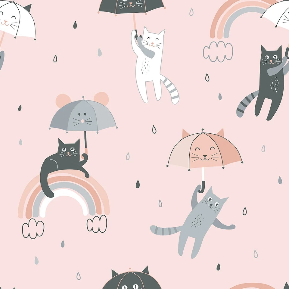 image 1 of Raining Cats and Rainbows Wallpaper in Multicoloured | Multi | Multicoloured