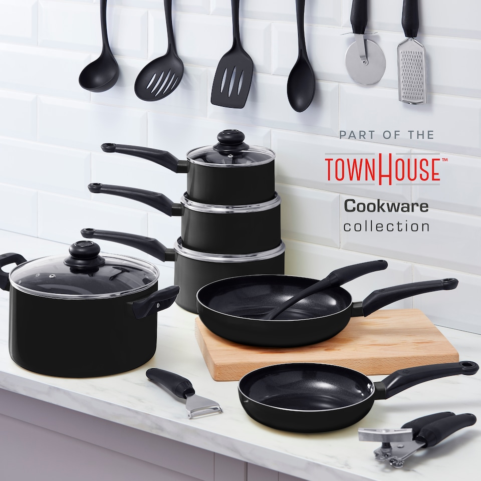 image 1 of Swan Townhouse 14 Piece Aluminium Cookware and Tool Set with 16/18/20cm Saucepans with Glass Lids and 20/26cm Frying Pans, Black