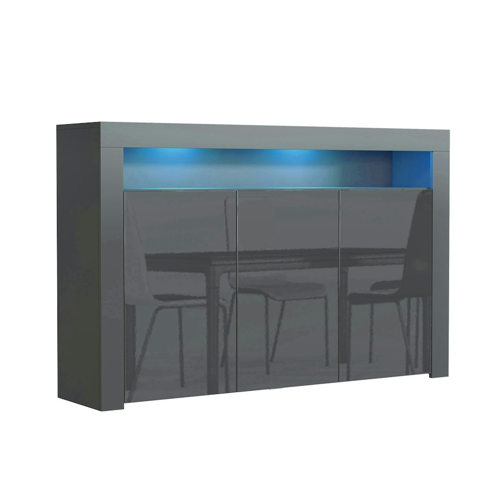 image 1 of Sideboard 155cm Grey Gloss Doors Grey Matt Body Free LED Display Unit Grey