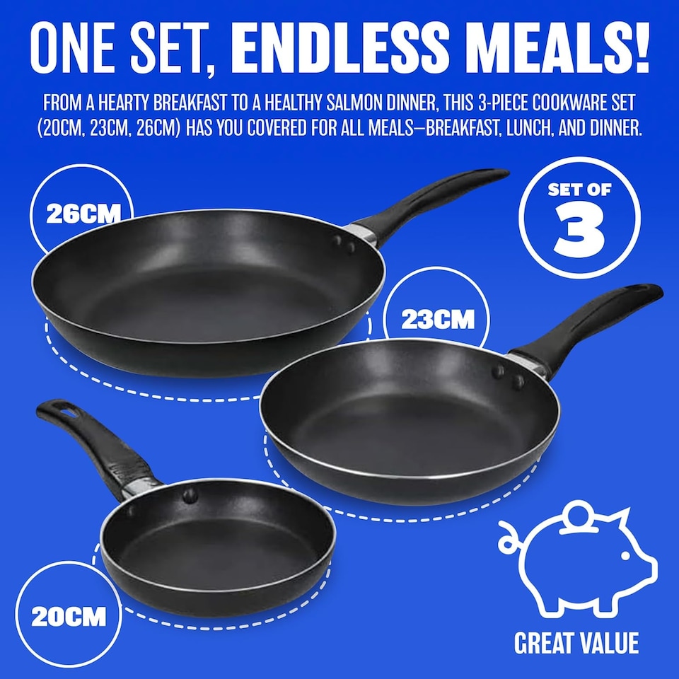 image 1 of Set Of 3 Frying Pan Non Stick Fry Kitchen Eggs Breakfast Dinner Pasta Cookware Set
