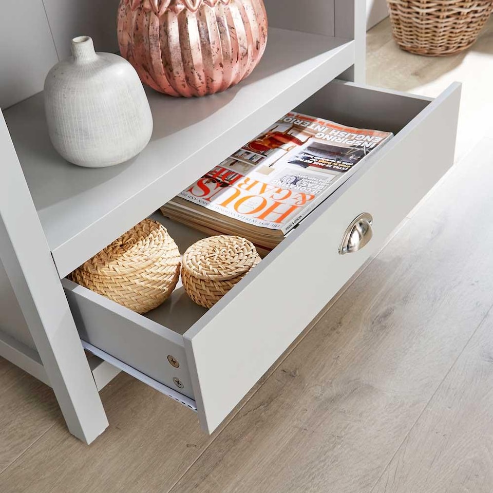 image 1 of Grey Oak Tall Bookcase Display Unit 4 Bookshelves Storage Drawer Metal Handles
