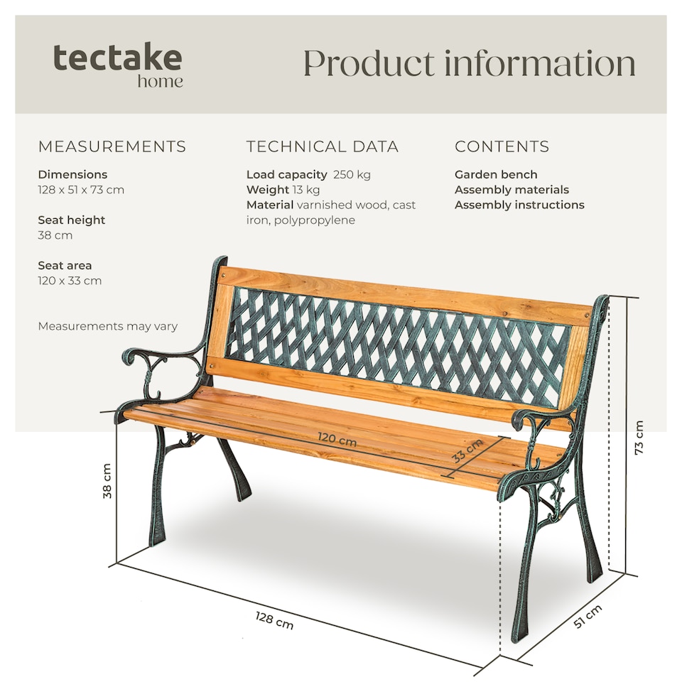 image 1 of Garden Bench Tamara - 2-seater, weatherproof, 128 x 51 x 73 cm | Brown | brown | 1