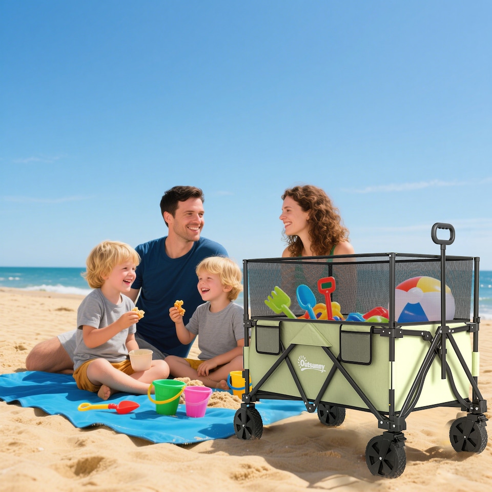image 1 of Outsunny 180L Folding Garden Trolley Wagon Cart w Extendable Side Walls, Black