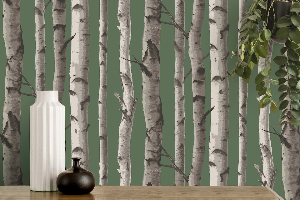 image 1 of Fine Decor FD43292 Birch Trees Wallpaper, Hunter Green