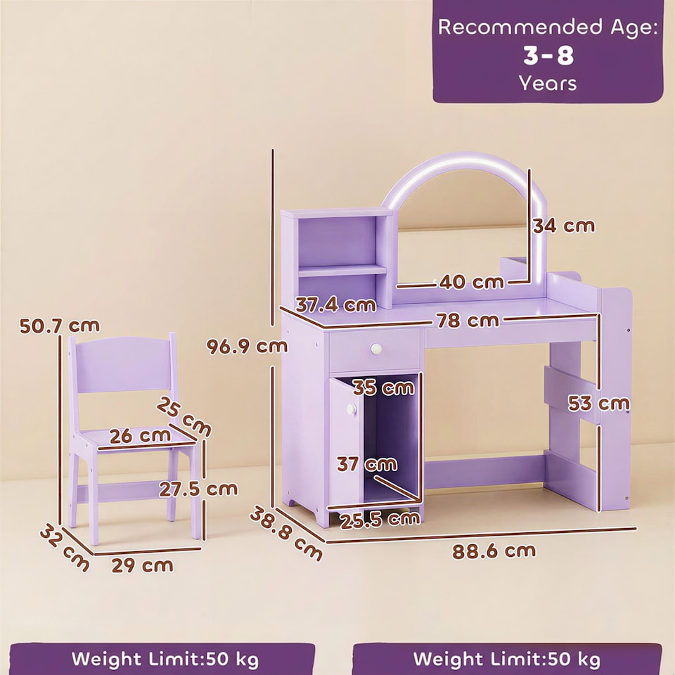 image 1 of AIYAPLAY Girls Dressing Table with 2-Colour LED Mirror and Stool, Purple