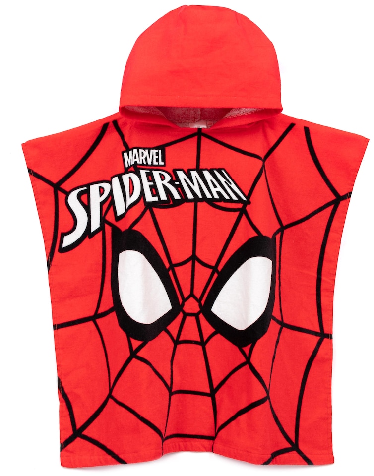 image 1 of Marvel Spiderman Boys Red Poncho Towel | Hooded Towel with Web Pattern | Beach & Pool Use | Kids Bathing Accessories | Cartoon Character Merch