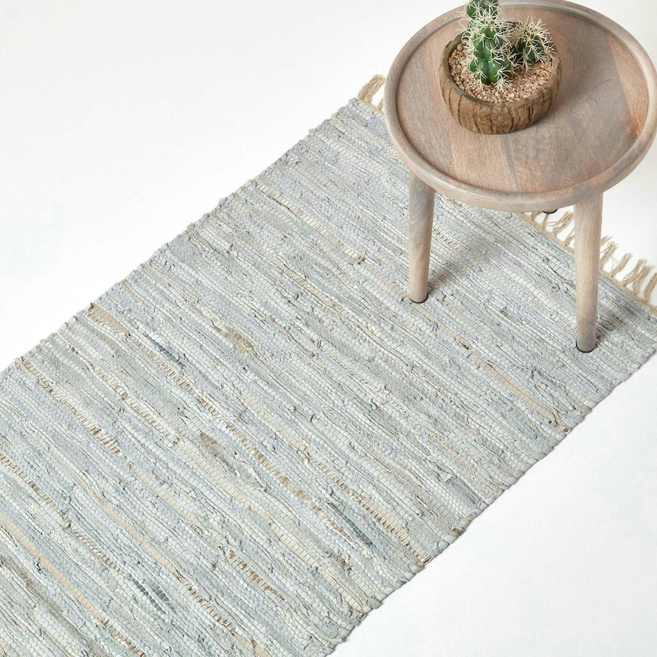 image 1 of Homescapes Leather Glitter Rug Silver and Natural - 66 x 200cm Runner Grey | 66 x 200 cm
