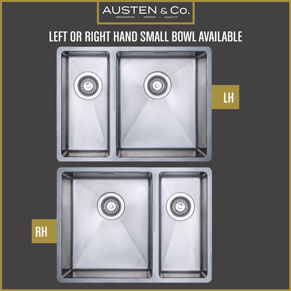 image 1 of Austen & Co. Orla Stainless Steel 1.5 Bowl Kitchen Sink, Right Hand Main Bowl, Inset & Undermount