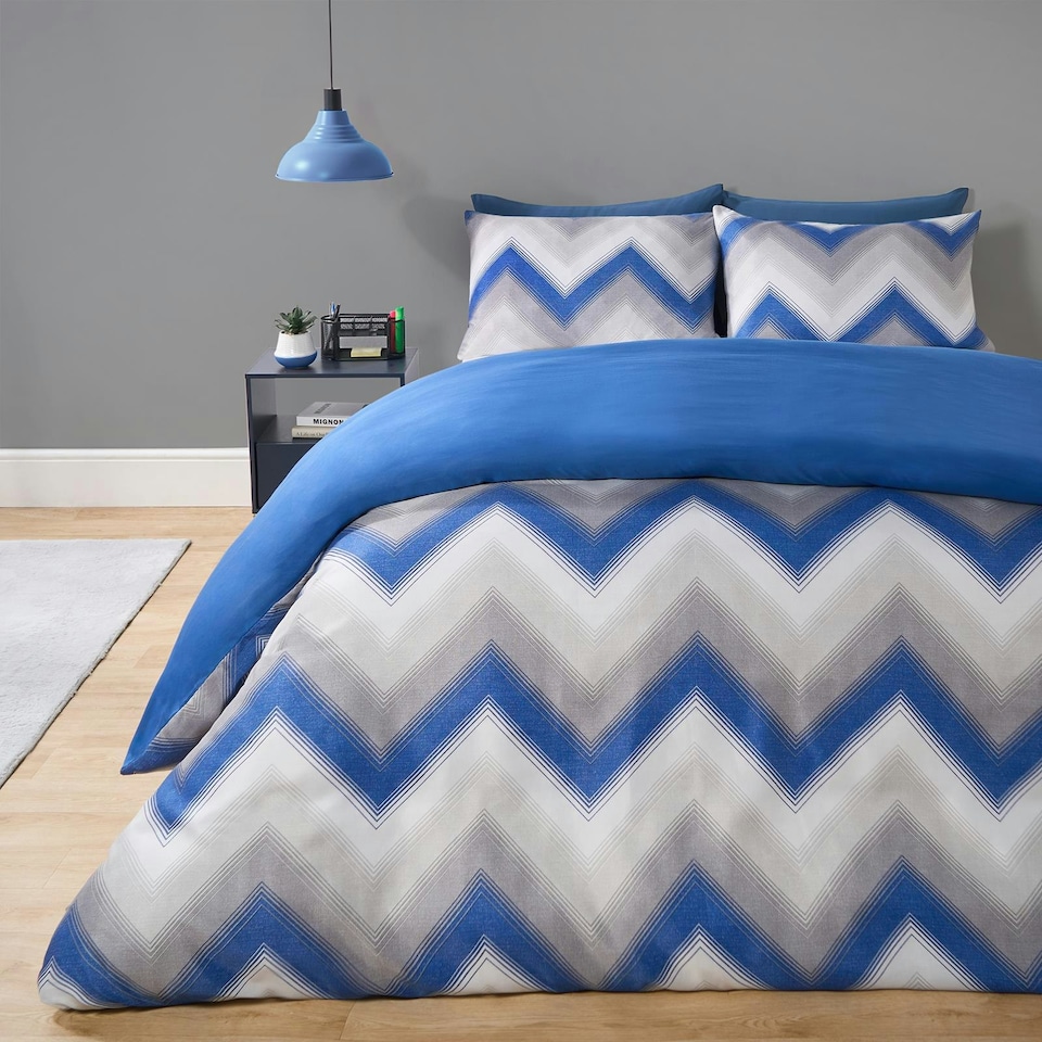 image 1 of OHS Abstract Zigzag Reversible Print Soft Duvet Cover Bedding Set, Double - Navy Blue/Grey Multi | Navy Blue and Grey | Double