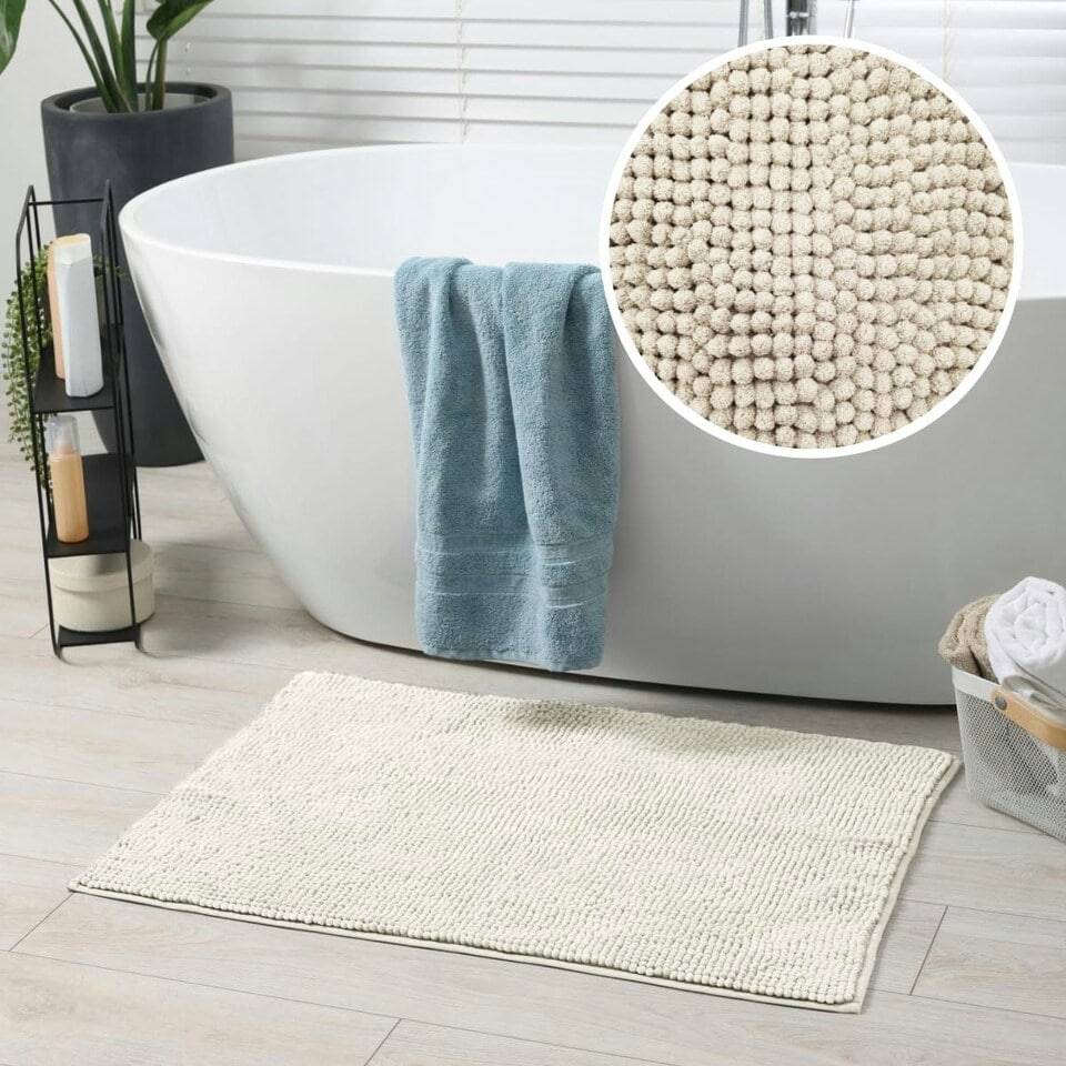image 1 of Chenille Bobble Bath Mat Non-Slip 50 x 80cm - Cream