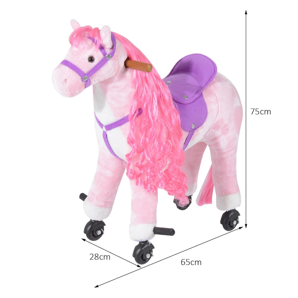 image 1 of HOMCOM Plush Walking Horse Ride On Toy with Wheels and Realistic Sounds Rocking Horse for Girls Boys 2 Plus Years Old, 50cm Tall, Pink