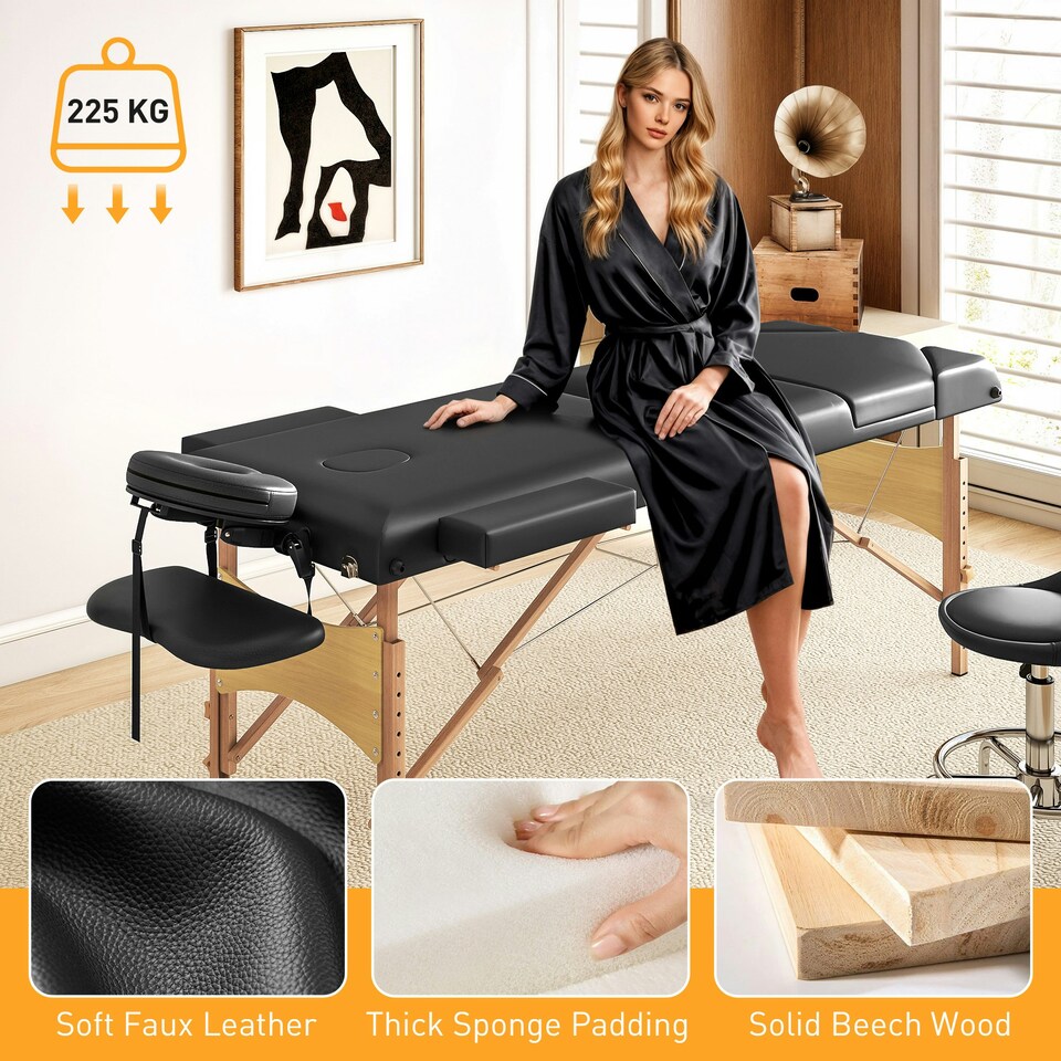 image 1 of HOMCOM Foldable Massage Bed with Beech Wood Legs Face Cradle Armrests Black Black | Natural Wood