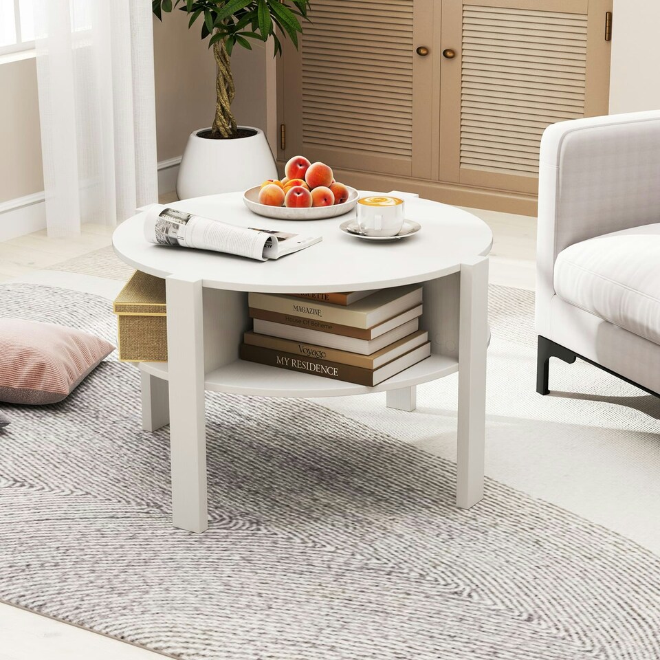 image 1 of COSTWAY 2-Tier Round Coffee Table Tea Cocktail Table White White
