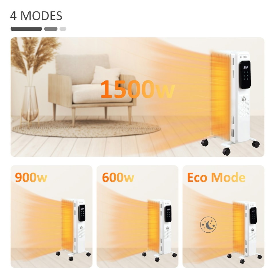 image 1 of HOMCOM 1500W Oil Filled Radiator Heater w/ 3 Heat Settings Remote Control White