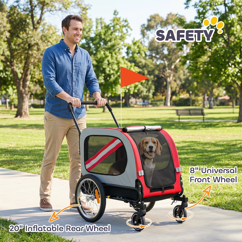 image 1 of PawHut 2-In-1 Dog Bike Trailer Stroller w/ Universal Wheel Reflector Flag